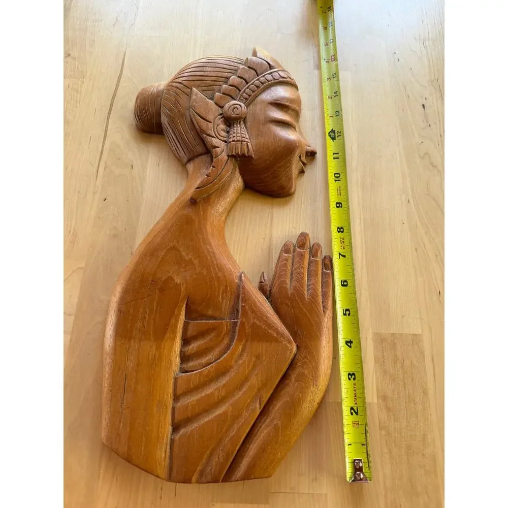 MCM VINTAGE Thai Teak Wood Carving Praying Woman Wai Wall Plaque Art Decor